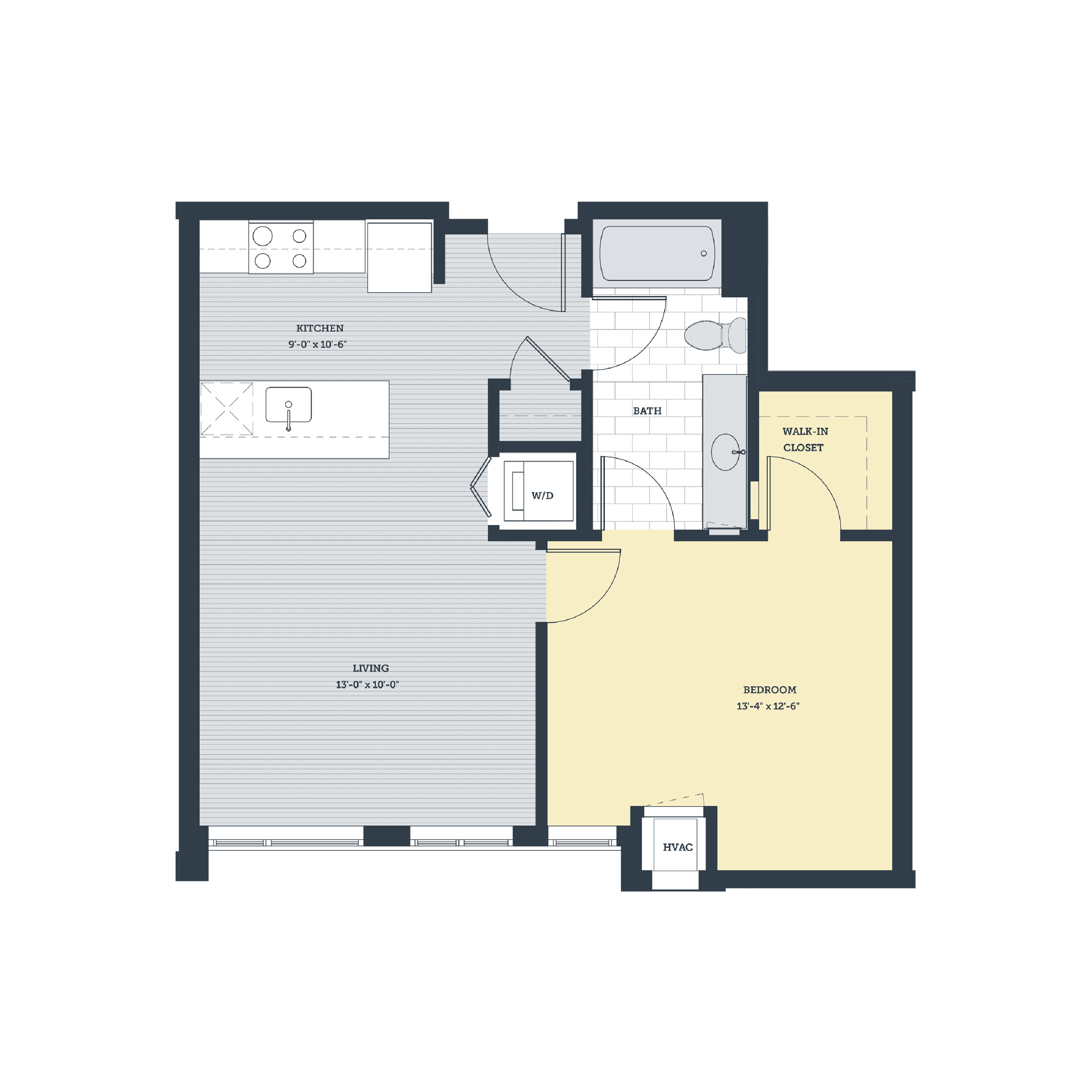 Floor plan for 1 bed, 1 bath, 689 sqft